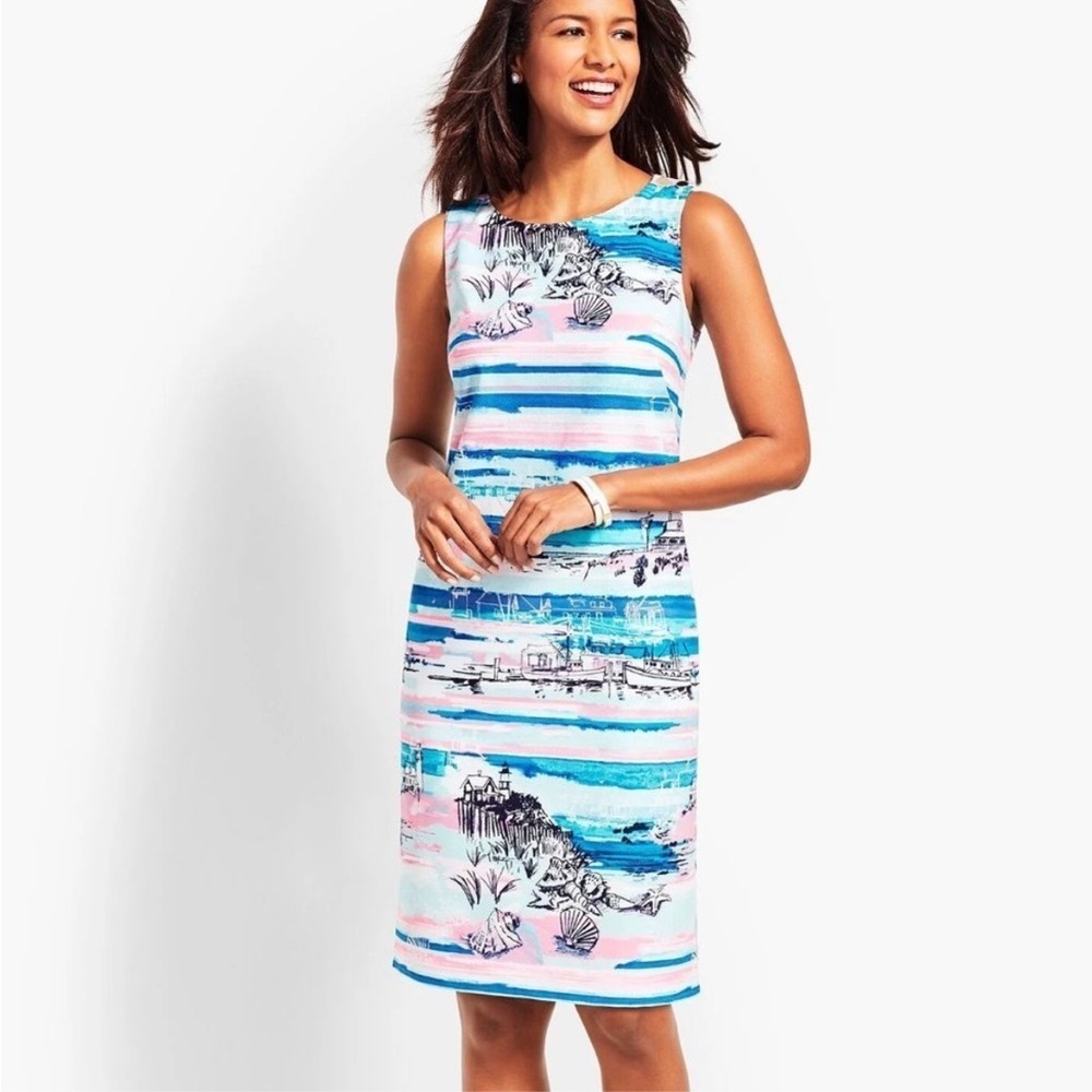 Talbots 100% Cotton Seaside Harbor Sheath Dress Pink Blue White Shells Boats 4